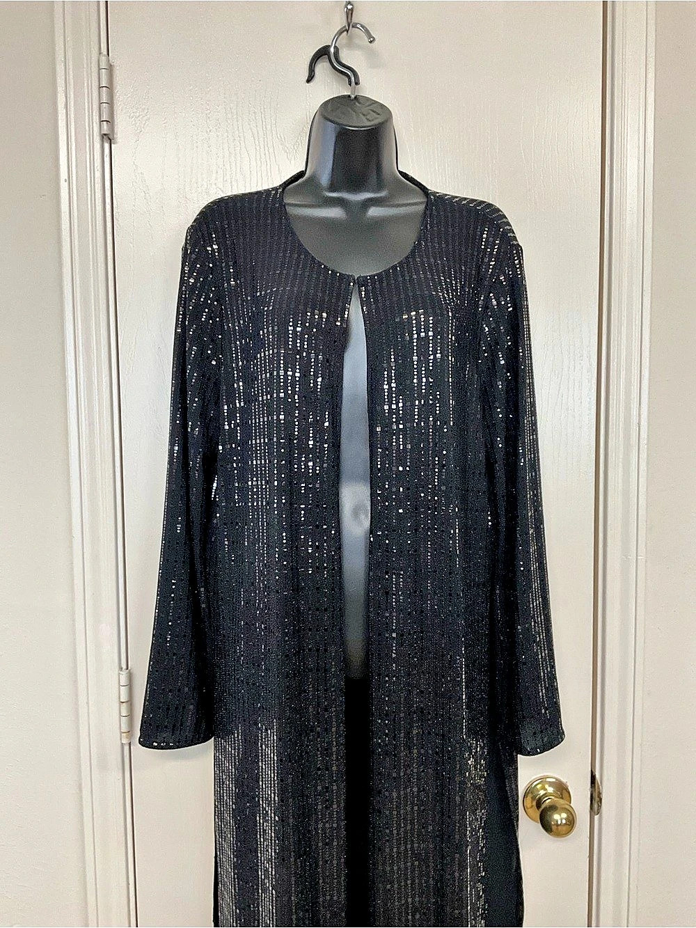 Anne Klein Sequin Open-Front Long Duster Cardigan Black Large
